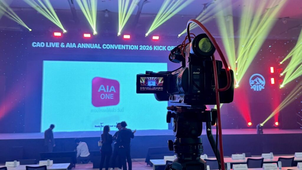 Corporate live streaming setup in Bangkok with multi-camera control and branded graphics