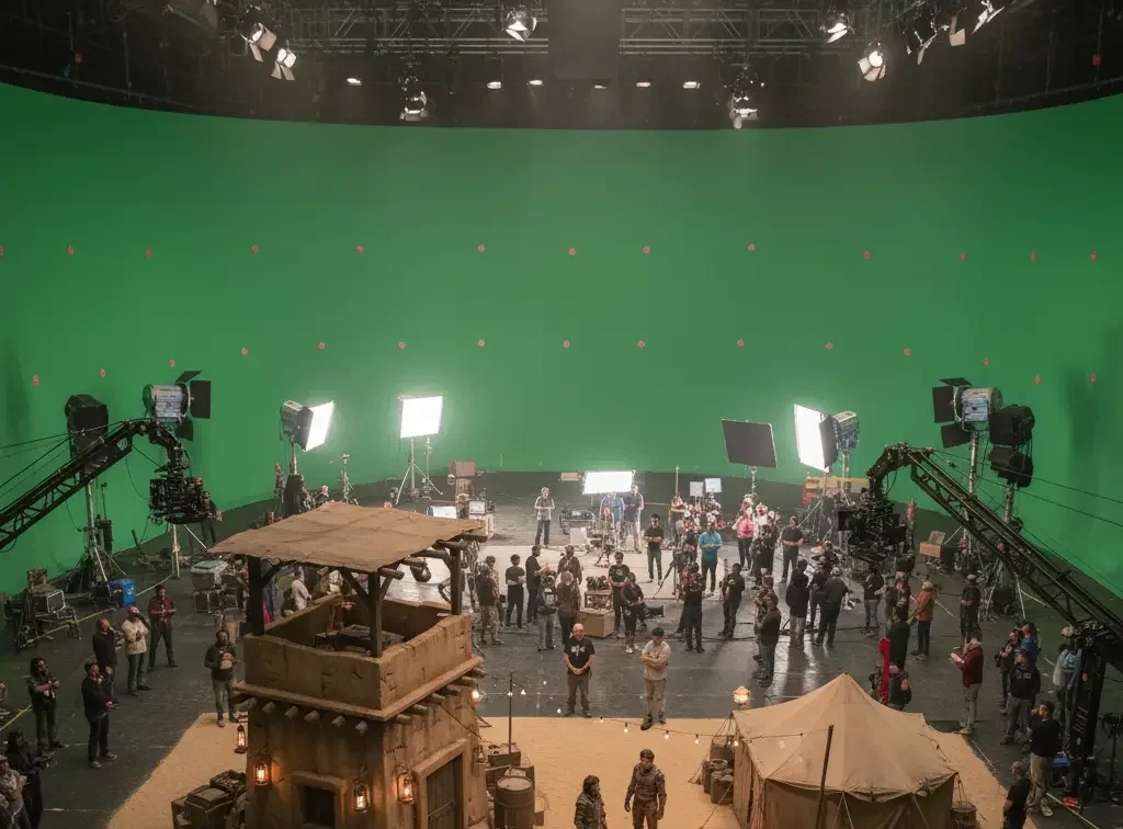 Film crew on a soundstage in Thailand with green screen, cameras, and set design for an international production.