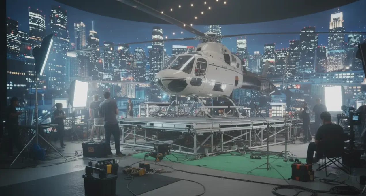 Film crew shooting helicopter scene on LED wall stage in Thailand.