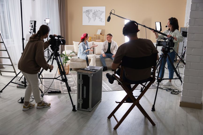 tv commercial production brings crew, talent, and cameras together on set